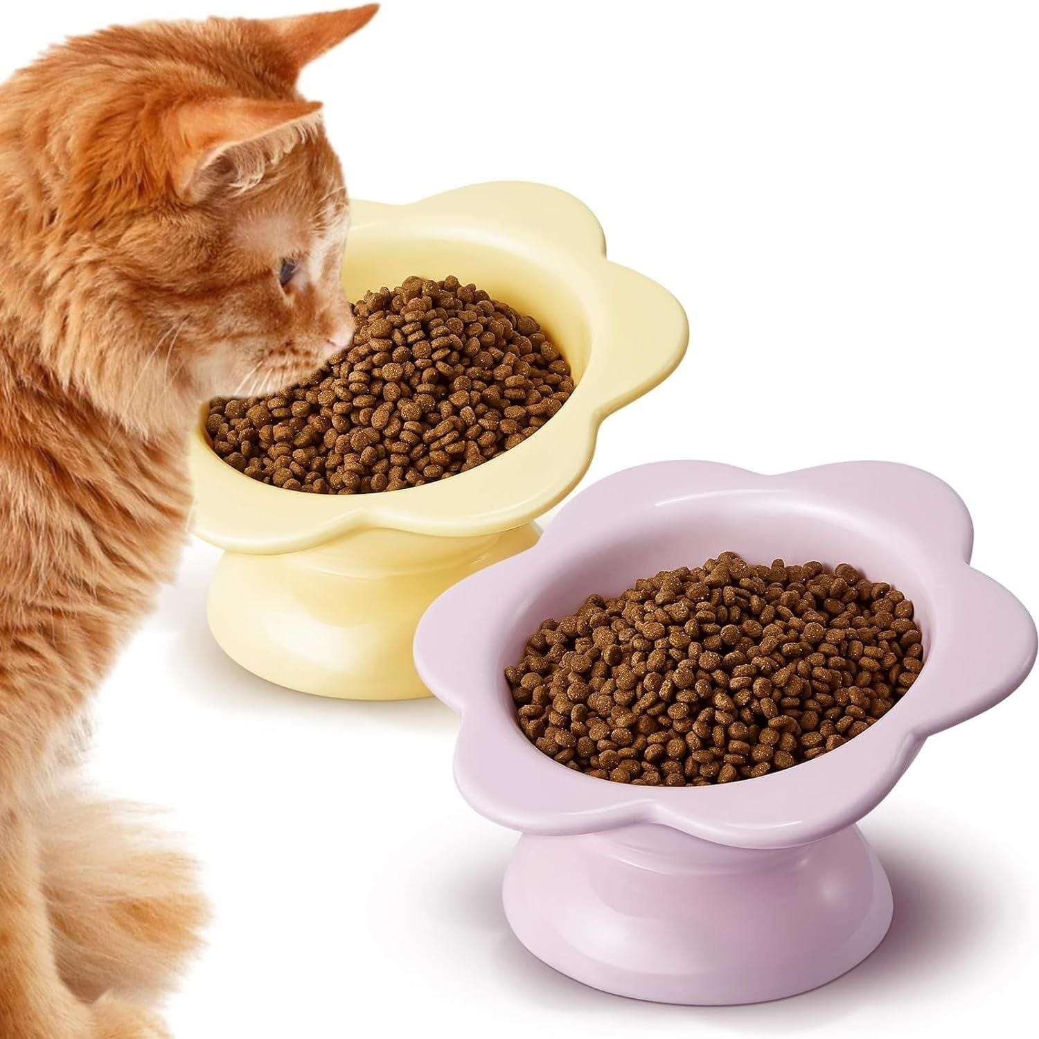 kutkutstyle feeding essentials Wide*Height: 12.5cm*10.4cm KUTKUT 2Pcs Ceramic Raised Cat Food Bowl, Tilted Flower Shaped Food or Water Bowl for Cats and Small Dogs, Anti Vomiting Pet Feeder Dish Whisker Fatigue Cat Bowl (Capacity: 200ML)